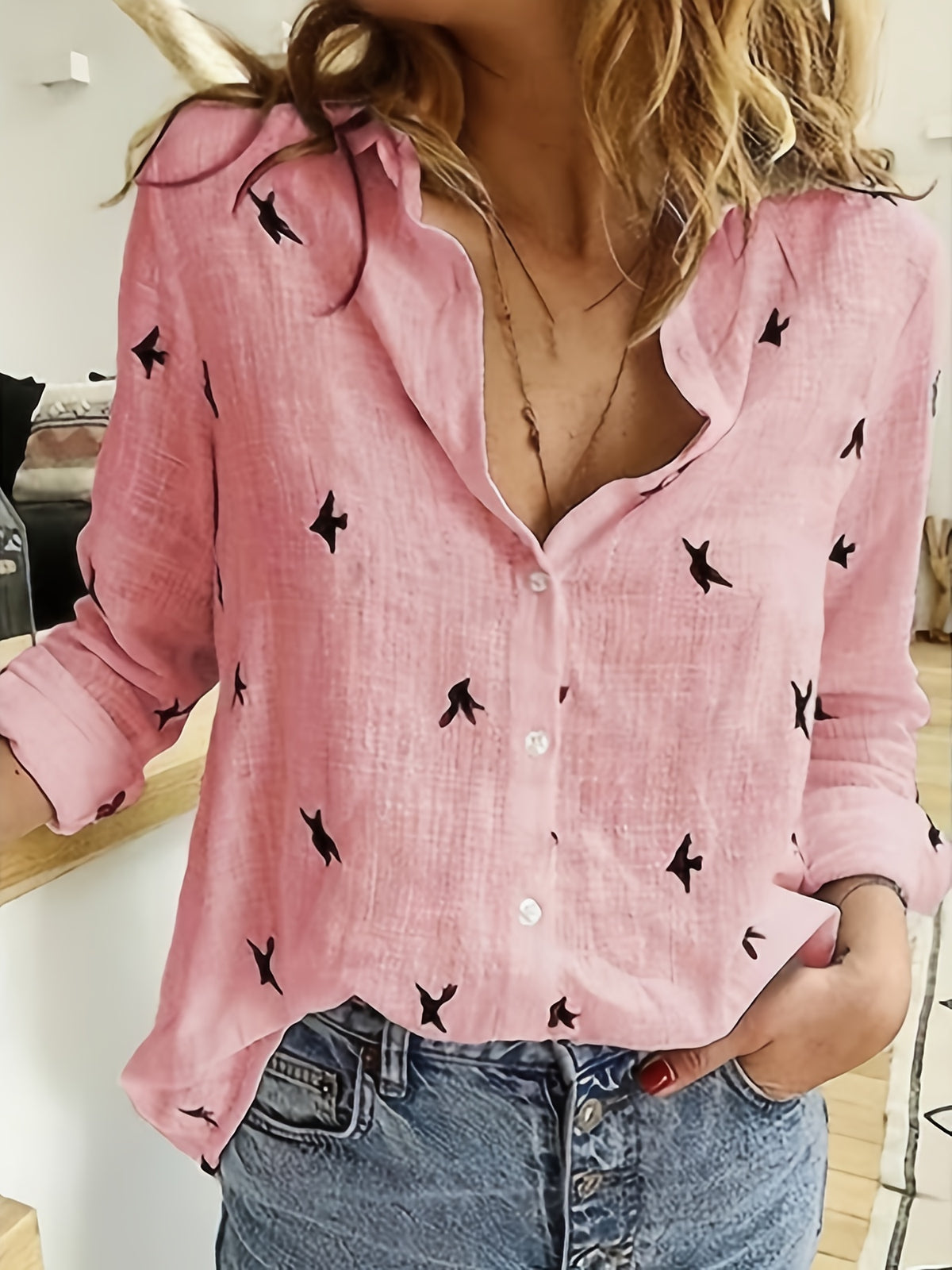 Women's Bird Print Button-Front Long Sleeve Shirt | Lapel Collar Casual Woven Polyester Top for Spring Fall Everyday Wear