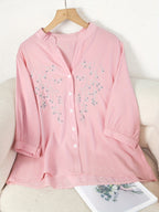 Women's Floral Embroidered Blouse Long Sleeve Button Down - White Elegant Stand Collar Casual Shirt, Delicate Flower Print Summer Top S-XXL