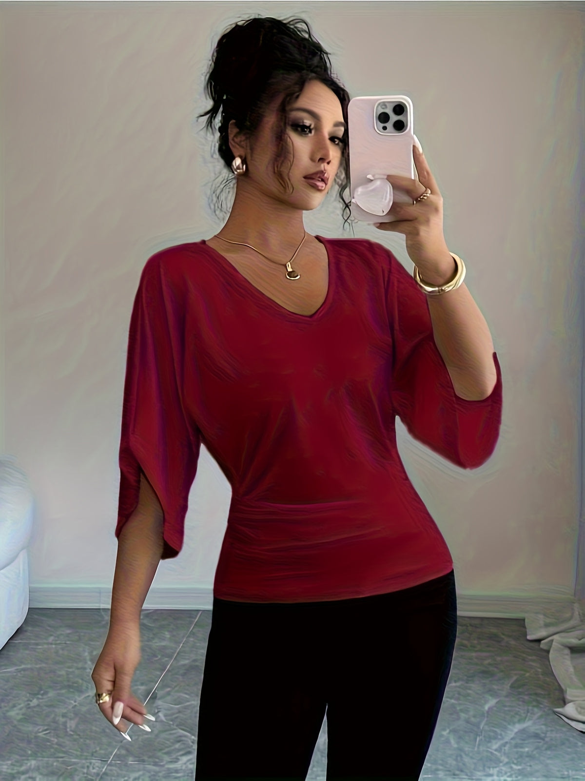 Women's V-Neck Batwing Sleeve Knit Top - Casual Loose Fit Three Quarter Sleeve High Waist T-Shirt Blouse for Spring Summer Fall, Versatile Mid-Length Pullover Top, White Black, Sizes XS-XL