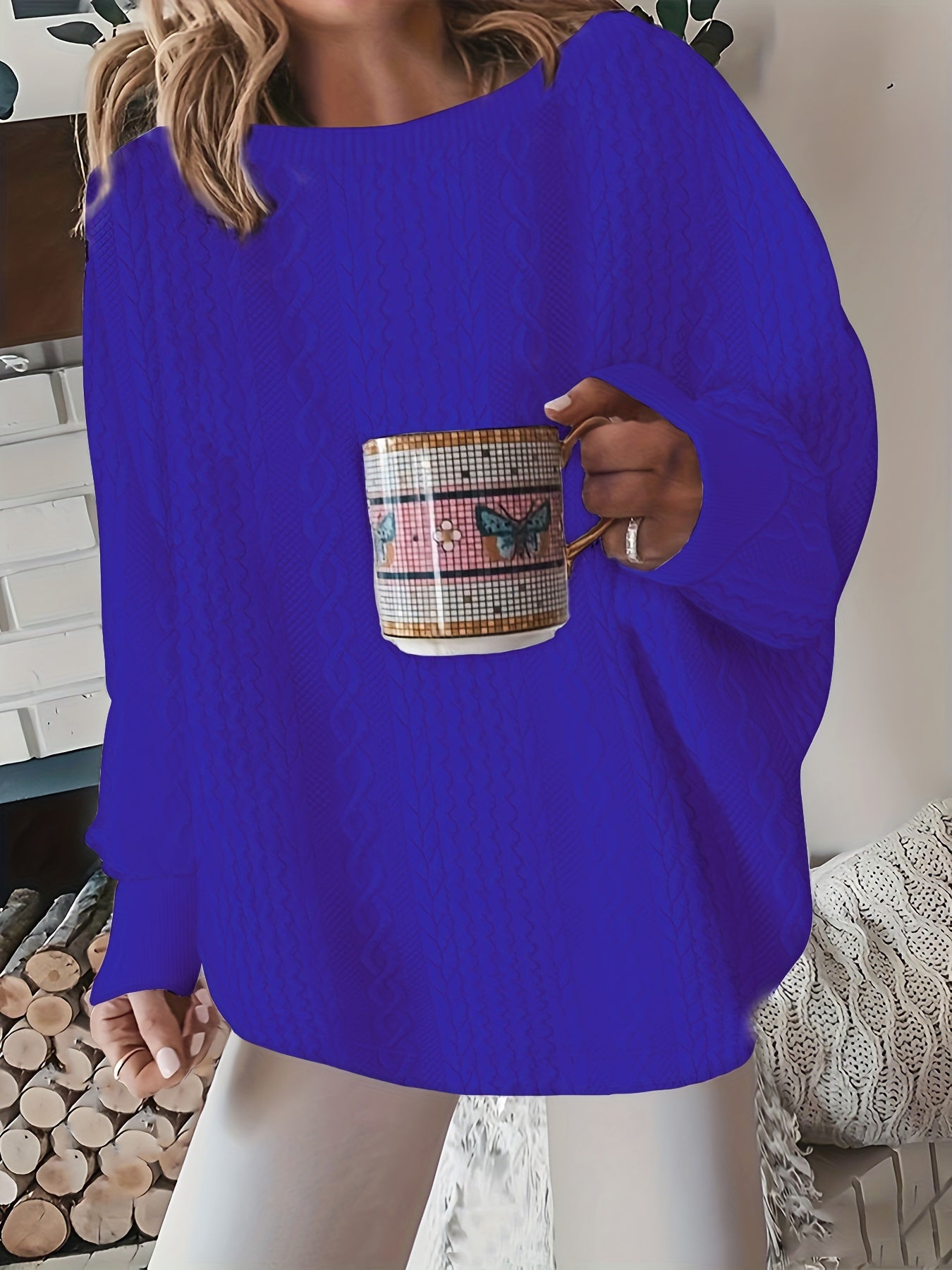 Women's Oversized Cable Knit Pullover Sweater Round Neck Long Sleeve Loose Cozy Chunky Knit Top for Fall Winter Casual White Grey Black