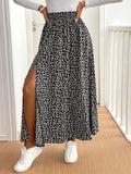 Women's Floral Maxi Skirt - Flowy Long Skirt with Side Slit, Red Ditsy Print, 95% Polyester Stretchy Fabric, Elegant Casual Dress Skirt for Spring Summer Fall