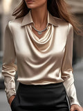 Women's Solid Swing Neck Shirt Loose Stand Up Collar Top Champagne Pink Rouge Blue Burgundy Sizes S M L XL XXL Casual Blouse