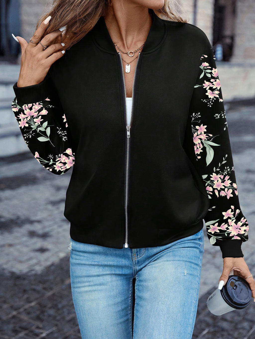 Floral Print Zip Up Jacket Women's Baseball Collar Long Sleeve Spring Fall Lightweight Coat Casual Outerwear Black S M L XL XXL