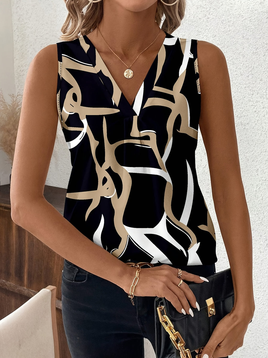 Women's Geometric Print Sleeveless Vest – Elegant Woven Polyester Tank Top, Colorful Pattern Blouse for Spring Summer, Casual & Dressy Sleeveless Top, Sizes S-XXL