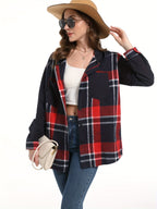 Plaid Hooded Jacket Women Drop Shoulder Woven Patch Pocket Casual Outerwear 100% Polyester Suede PU Black White S M XXL