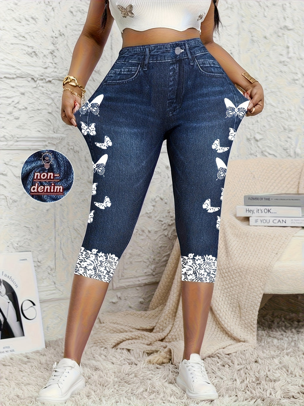 Women Faux Denim Print Leggings Capri Pants Stretch Tight Printed Cropped Pants Mixed Colors Blue Flower S M L XL XXL