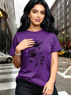 Women's Rose Pattern Crew Neck T-Shirt Elegant Casual Breathable Lightweight Knit Top - Floral Print Short Sleeve Tee for Spring Summer Daily Wear Brunch Outfits