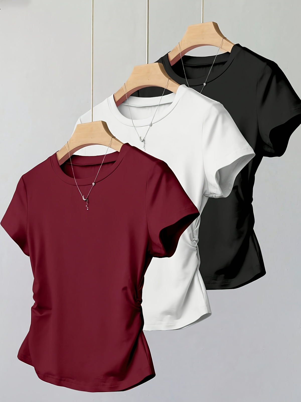 Women's 3-Piece Round Neck Side Ruched Waist Short Sleeve T-Shirt Set – Soft Polyester Spandex Stretch Knit Casual Top Set