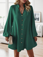 Women's V-Neck Long Sleeve A-Line Flared Dress Elegant Solid Color Single-Breasted Midi Dress for Spring Summer Party Casual