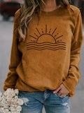 Sun Graphic Long Sleeve T-Shirt Women Round Neck Casual Top Fall Winter Polyester – Sunrise Print Positioning Graphic Tee Rust Color S-XXL