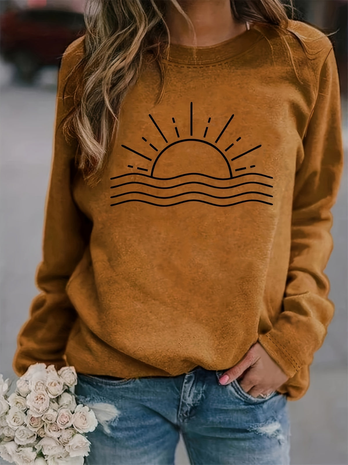 Sun Graphic Long Sleeve T-Shirt Women Round Neck Casual Top Fall Winter Polyester – Sunrise Print Positioning Graphic Tee Rust Color S-XXL