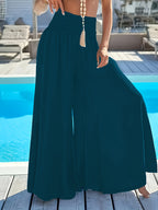 Women's Wide Leg Flare Pants Elastic Waist Loose Fit Vacation Casual Trousers Elegant Bottoms White Black Red Peacock Blue XS-XXL