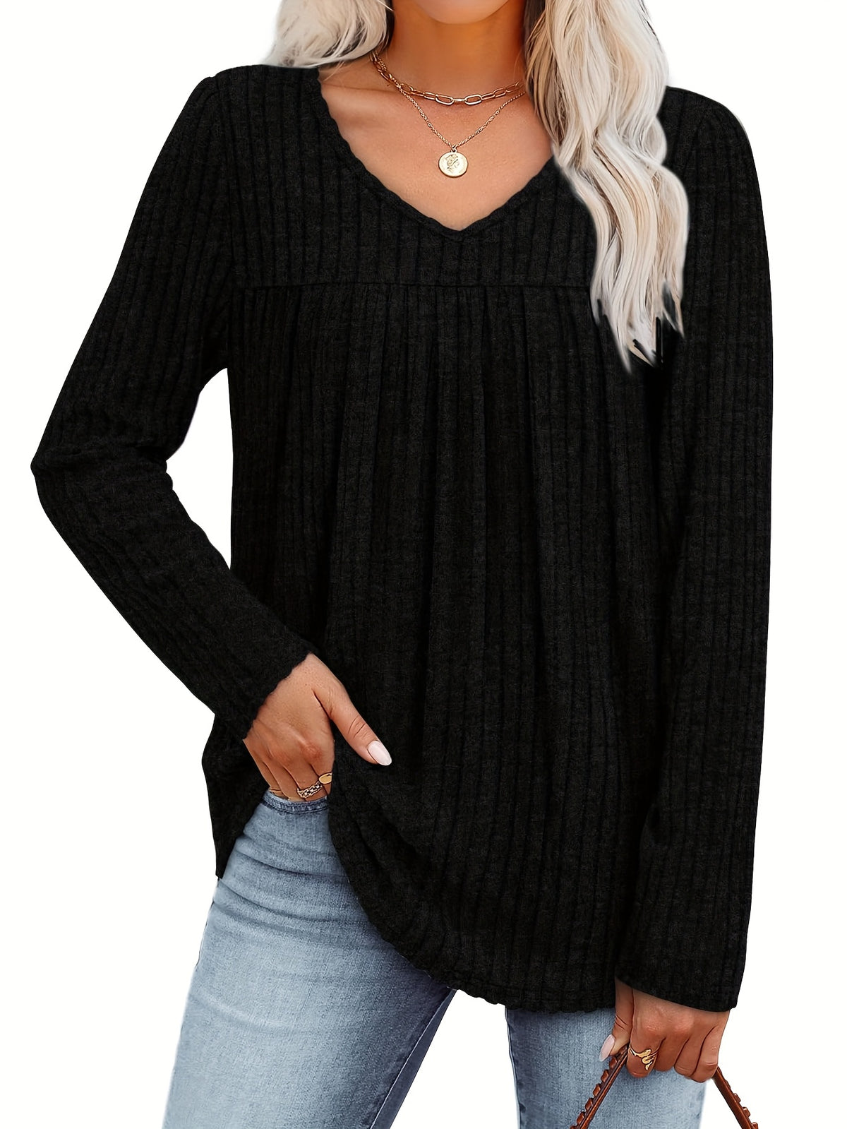 Women's V-Neck Long Sleeve Pullover Top – Lightweight Casual Front Pleat Blouse for Women, Elegant Loose Fit Dressy Shirt, Multiple Colors, Sizes S-XXL