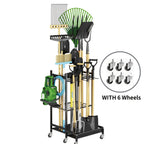Garden Tool Organizer for Garage Heavy Duty Metal Rack with Hooks – Freestanding Yard Tool Stand Holder for Long-Handled Brooms, Shovels, Rakes & Outdoor Tools, Black Storage Rack