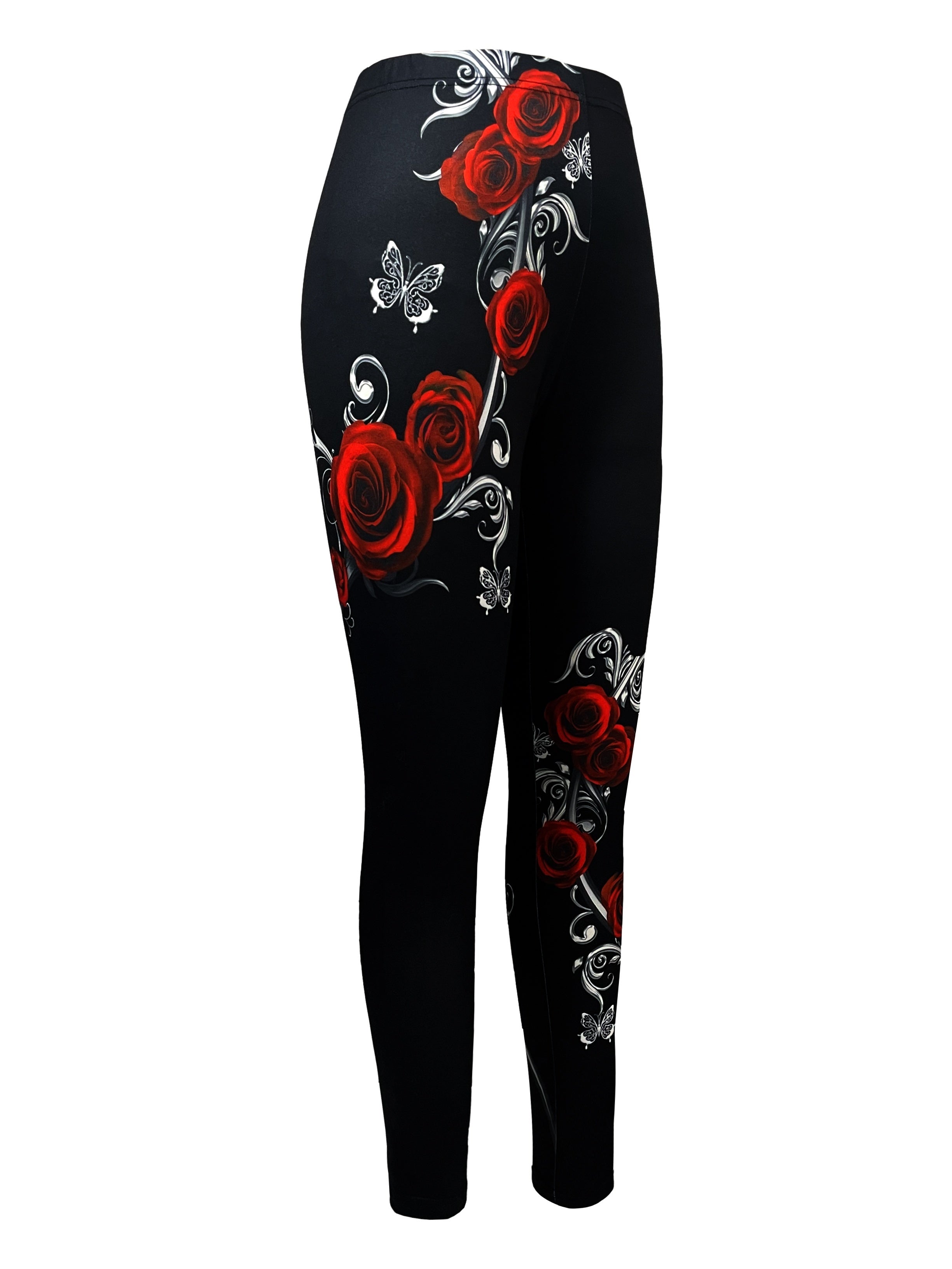 Women's Rose Print Bodycon Leggings Black Romantic Floral Sexy Curve-Hugging Stretch Pants All Season Machine Washable S M L XL XXL