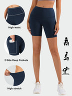 Women's High Waist Yoga Shorts – 4-Way Stretch Sweat-Wicking Athletic Shorts with Elastic Waistband & Side Pockets for Running, Cycling & Training – Black, Dark Gray & Navy, Sizes S-XXL