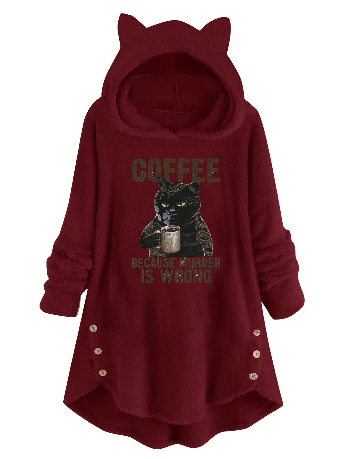 Cat Ear Teddy Fleece Hoodie Women Funny Cat Slogan Print - Cozy Fluffy Sweatshirt with Button Detail, Coffee Because Murder Is Wrong Graphic Hoodie, Grey Burgundy Black S-XXL