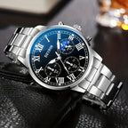Men's Stainless Steel Chronograph Quartz Watch Set with Necklace & Bracelet – 3-Piece Business Analog World Time Jewelry Gift Set for Professional Formal Events