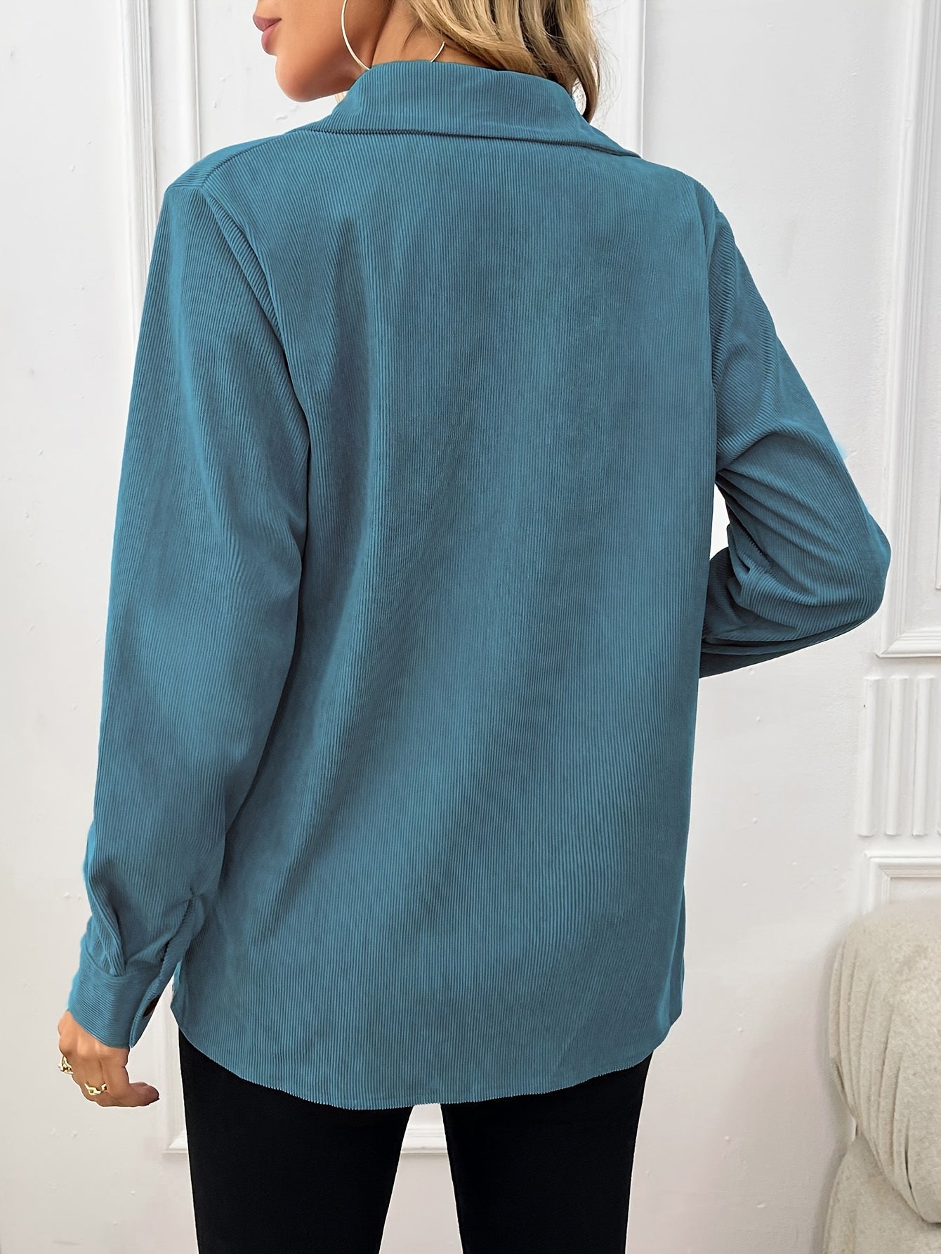 Corduroy Shirt Jacket Women Lapel Front Pocket Long Sleeve Shacket Casual Fall Outerwear Pale Pink Gray Peacock Blue Black XS S M L XL