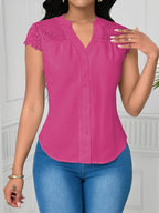 Women's Elegant Lace Patchwork Blouse – V-Neck Striped Semi-Sheer Woven Top for Summer, Casual & Weekend Wear