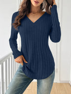 Women's Spliced V-Neck Ribbed Long Sleeve T-Shirt – Soft Stretch Solid Color Casual Top for Spring Fall Winter | Multi-Color S-XXL