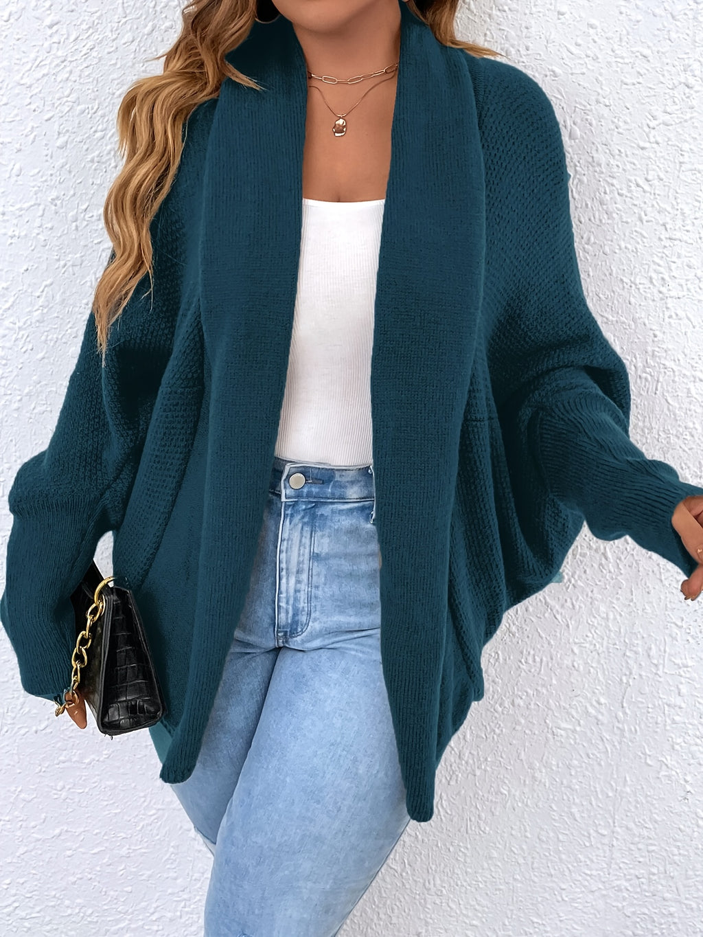 Batwing Sleeve Open Front Shawl Collar Cardigan Women Loose Knit Sweater Coat – Khaki Solid Color Lightweight Layering Outerwear