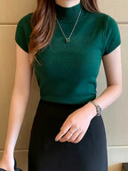 Women's Ice Fiber Half-High Collar Short Sleeve Pullover | Lightweight Cooling Thin Knit Top Versatile Summer Casual Wear