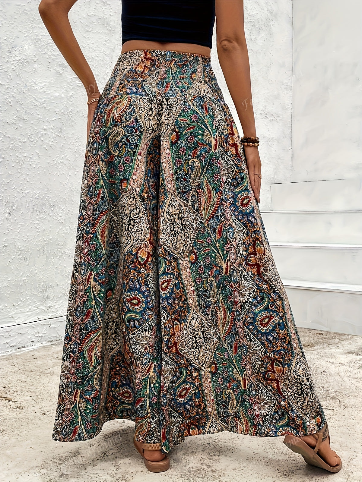Women's Bohemian Wide Leg Pants High Waist Elastic Waist Paisley Floral Print Casual Flowy Trousers Spring Summer Fall S M L XL Multicolor