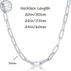925 Sterling Silver Paperclip Chain Necklace for Women & Men – 3mm Thick Bohemian Style with Synthetic Stone, 20/22/24 Inch, Gift Box Included, Durable Everyday Jewelry for Daily Wear & Gifting