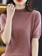 Women's Crew Neck Pullover Sweater Elegant Solid Color Short Knit Top Rib-Trim Stretchy Half-Neck Base Layer Shirt for Women