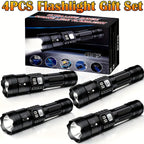 Rechargeable LED Flashlight 4-Pack - Super Bright Zoomable Spotlight, USB Charging, Long Range Tactical Work Light for Camping, Hiking, Emergency & Outdoor Survival, High-Power LED Torch Set