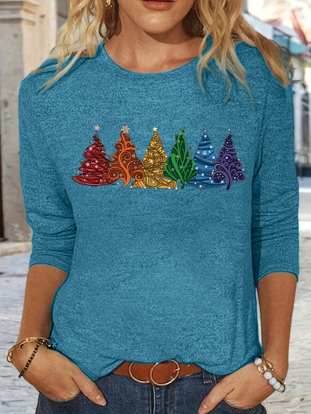 Christmas Tree Print Long Sleeve T-Shirt Women Crew Neck Loose Fit Casual Holiday Graphic Tee Soft Stretch Fabric S-XXL Machine Washable