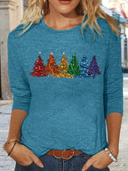 Christmas Tree Print Long Sleeve T-Shirt Women Crew Neck Loose Fit Casual Holiday Graphic Tee Soft Stretch Fabric S-XXL Machine Washable