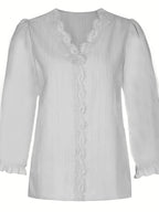 Women's Elegant Lace Texture V-Neck Short Sleeve Blouse Lightweight Breathable Spring Summer Casual Shirt Machine Washable White S-XXL