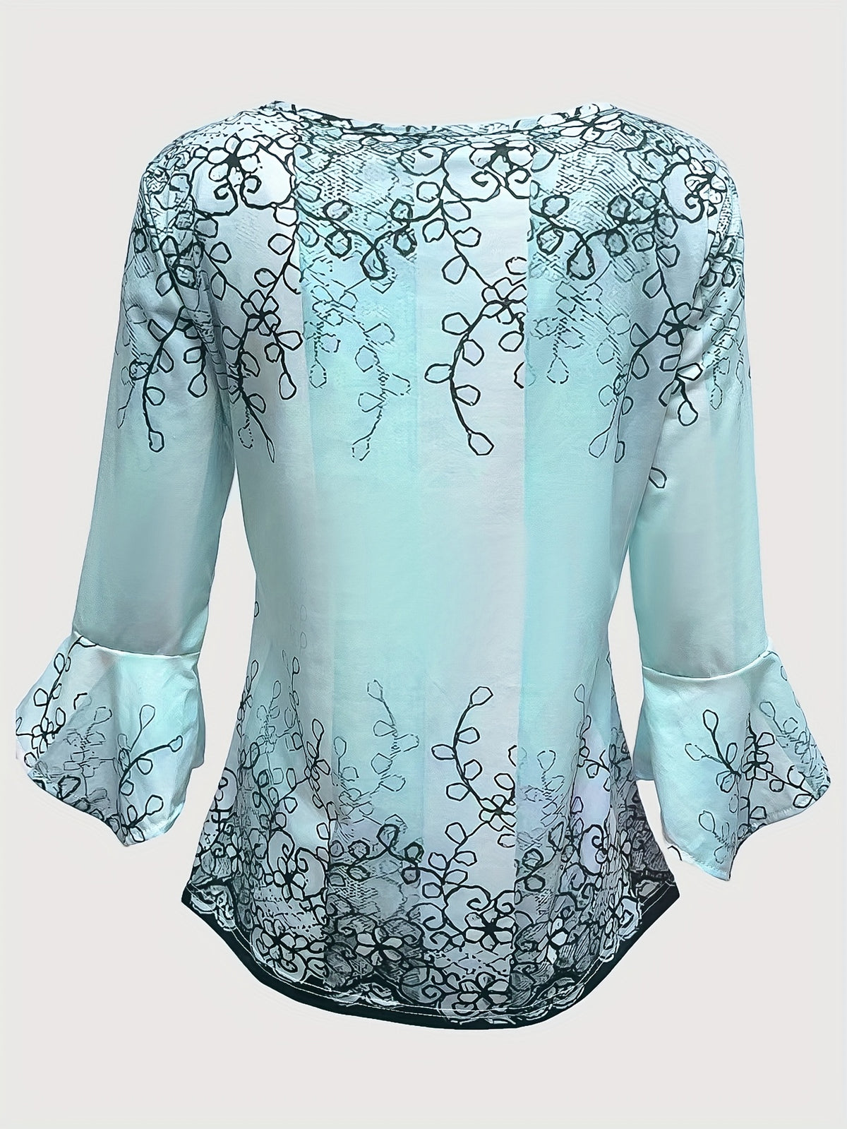 Floral Print Button-Front Blouse Women Ruffle Flare Sleeve Casual Tunic Top Soft Stretch Knit Fabric Spring Summer Fall S-XXL Machine Washable