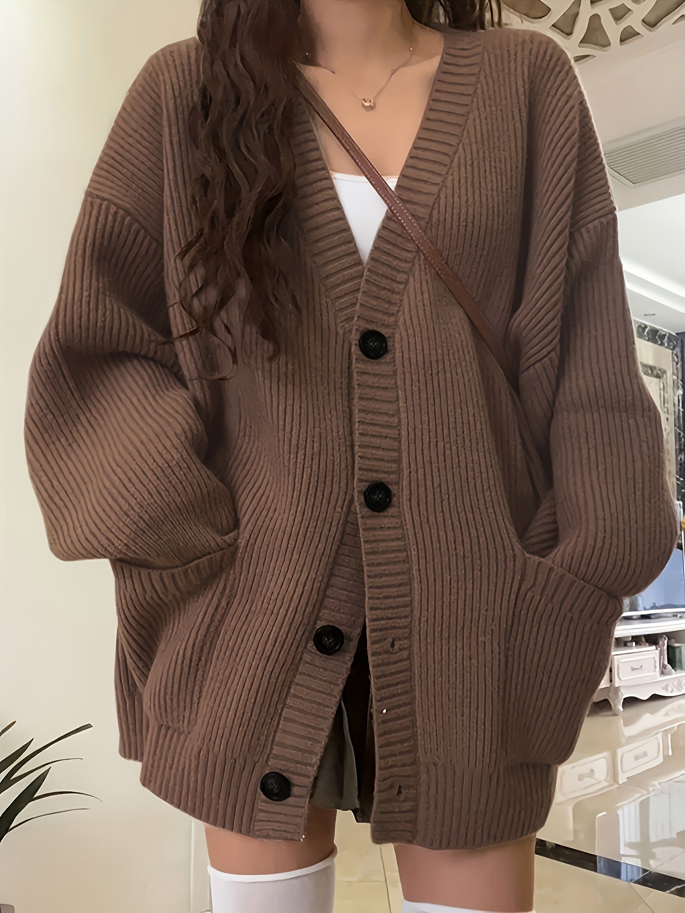 Oversized Ribbed Knit V-Neck Button Down Cardigan Sweater Women Fall Winter Casual Cozy Layering Outerwear