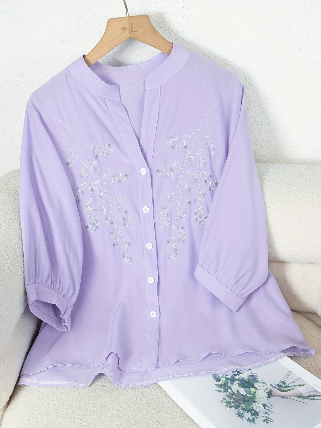 Women's Floral Embroidered Blouse Long Sleeve Button Down - White Elegant Stand Collar Casual Shirt, Delicate Flower Print Summer Top S-XXL