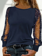 Women's Elegant Sequin Lantern Sleeve Blouse Solid Color Mesh Lace Trim Round Neck Stretchy Top 95% Polyester Spring Summer Fall S-XXL
