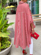 Women's Casual Striped Print Shirt Front Short Back Long Hem Long Sleeve Lapel Blouse 100% Polyester S M L XL XXL Red Black White