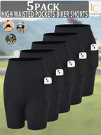 Women's High Waisted Biker Shorts 5 Pack with Pockets | Tummy Control No See-Through | 6" Inseam Workout Running Yoga Athletic Shorts | Soft Stretch | XS-XXL | Mixed Colors