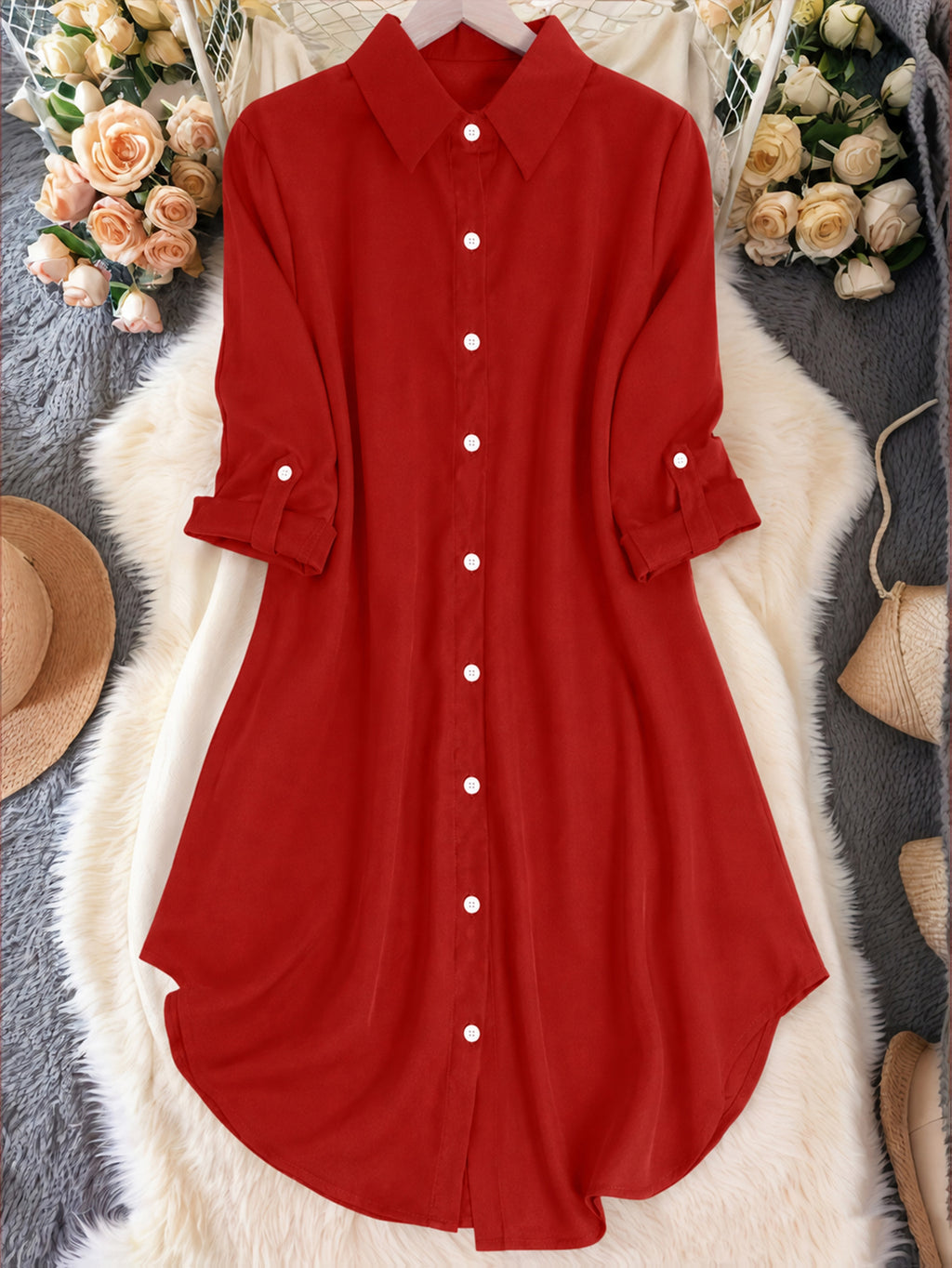 Women's Casual Lapel Shirt Solid Color Mid-sleeve Blouse All Season Versatile Loose Fit Button Down Top for Women