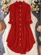 Women's Casual Lapel Shirt Solid Color Mid-sleeve Blouse All Season Versatile Loose Fit Button Down Top for Women