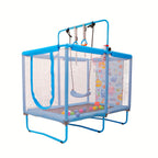 6-in-1 Kids Trampoline with Enclosure Net, Basketball Hoop, Swing, Rings & 15 Ocean Balls – 55"-58" Indoor Outdoor Rectangular Trampoline, Foam Padded Poles, W-Shaped Legs, Gift for Boys Girls Ages 3-10