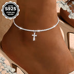 S925 Sterling Silver Cross Anklet for Women – Dazzling Synthetic Diamond End, Bohemian Beach & Vacation Jewelry, Casual Outfit Accessory, Perfect Gift for Valentine's Day & Mother's Day