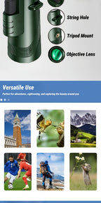 10x42 HD Monocular Telescope with Phone Adapter & Tripod – FMC Lens Compact Scope for Bird Watching, Wildlife, Hiking, Camping, Concerts & Sports – Black & Green, Christmas Gift