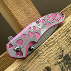 Folding Pocket Knife 7 Inch Hearts Engraved – 3Cr13 Steel Blade EDC Knife Aluminum Heart Handle Belt Clip Donut Accent, Stylish Everyday Carry for Camping Hiking Collecting Gift, Rosy Pink Red Lavender Blue Rose
