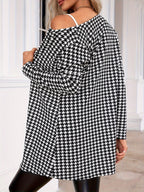 Houndstooth Open Front Cardigan Outwear Women Long Sleeve Loose Coat Spring Fall Fashion Black White Plaid Jacket Casual Streetwear