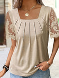 Women's Square Neck Short Sleeve Top – Solid Color Mesh Embroidery Lace Tunic, Elegant Casual Summer Blouse, Sizes S-XXL, Khaki