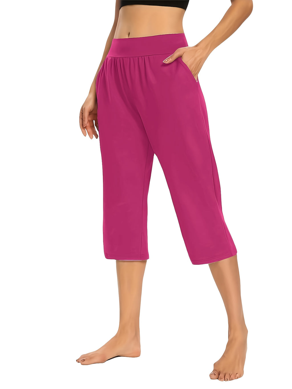 Women's High-Waisted Pull-On Cropped Pants – Stretchy Elastic Waist Lightweight Capri Pants with Pockets for Summer & Casual Wear