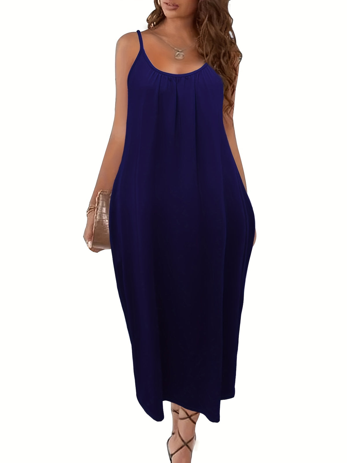 Women's Spaghetti Strap Maxi Dress with Pockets Solid Color Loose Flowy Cami Sundress Casual Summer Beach Vacation S M L XL XXL